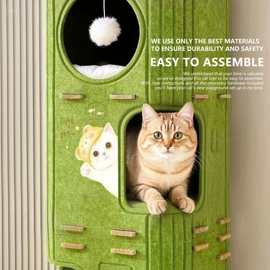 Three Story Felt Cat Tree With Scratching Boards And Caves