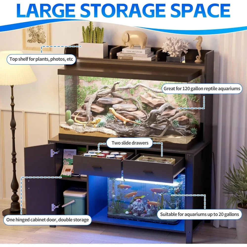 Large Reptile Terrarium Enclosure Stand With LED Lights And Power Outlet 120 Gallon Capacity 4x2x2 Modern Black