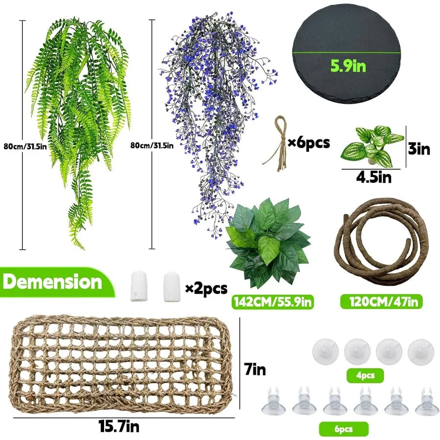 8 Pieces Bearded Dragon Hammock Reptile Basking Platform With Artificial Plants Leaves Vines Tan
