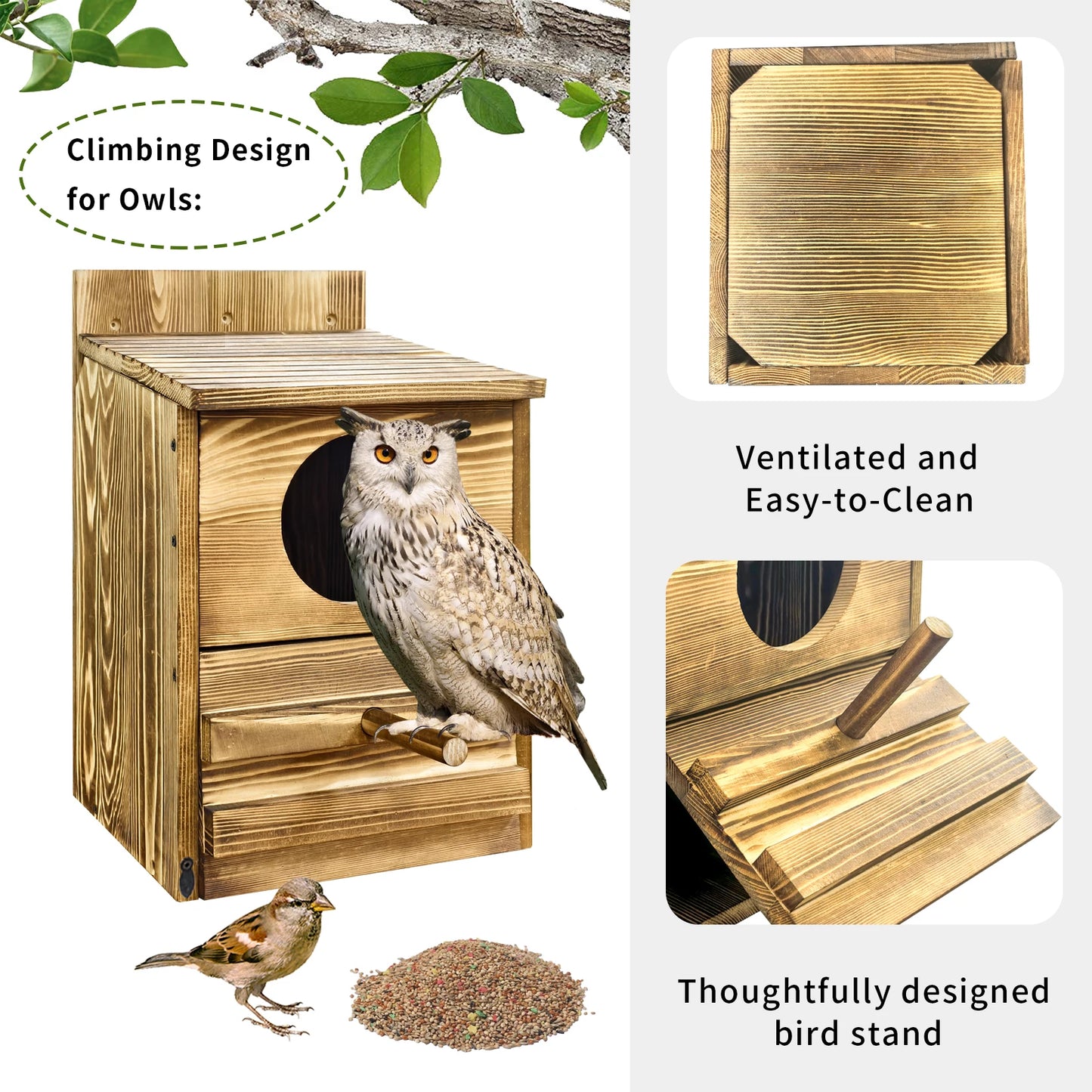 Bingopaw Outdoor Owl House Prebuilt Wooden Bird Box With Rectangular Opening