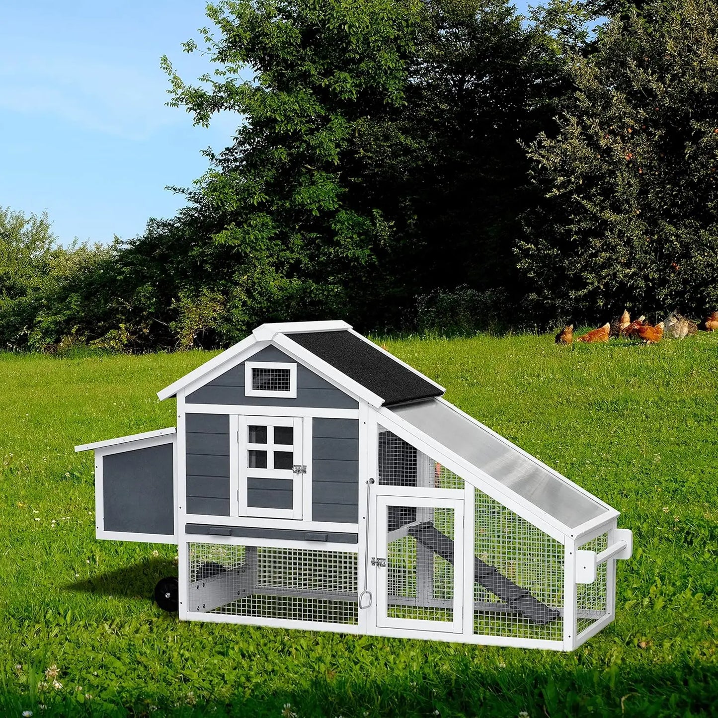Henhouse 71” Movable Chicken Coop with Wheels for 4-6 Chickens Outdoor Coop with Run and Nesting Box Wooden Duck House