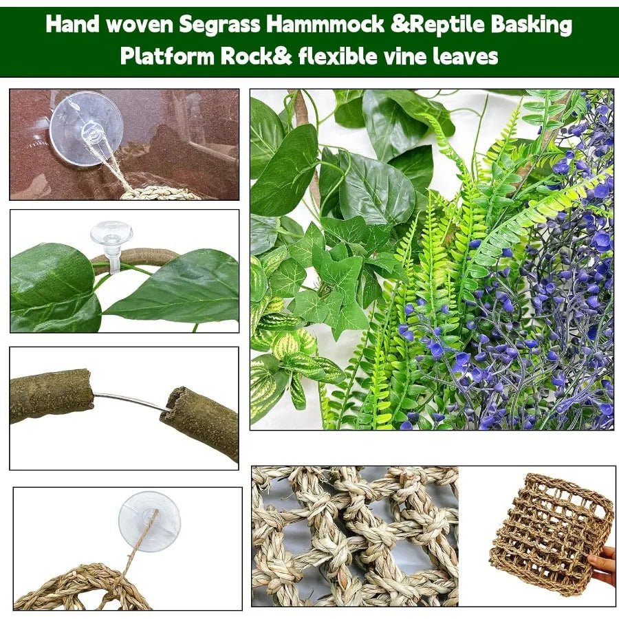 8 Pieces Bearded Dragon Hammock Reptile Basking Platform With Artificial Plants Leaves Vines Tan