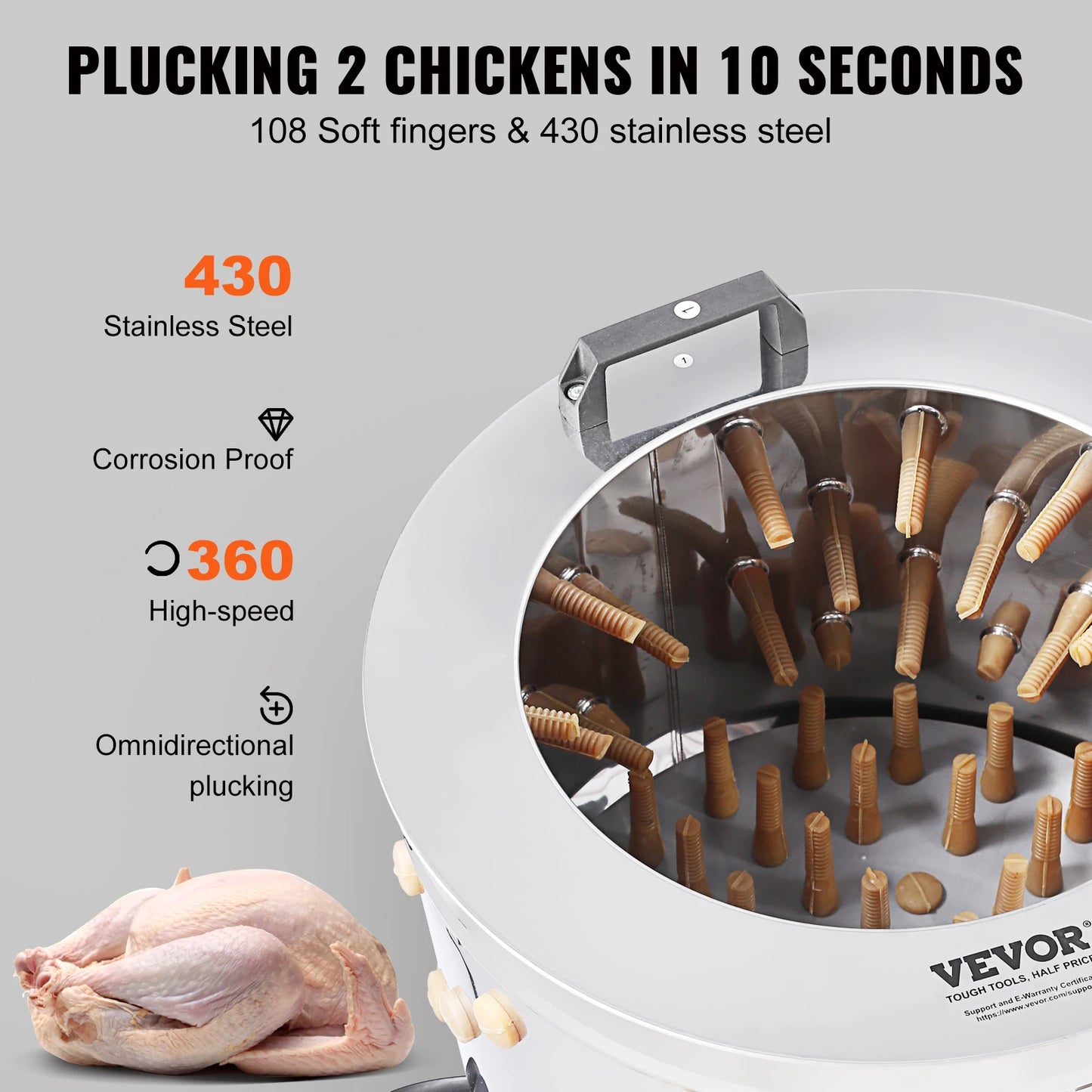 VEVOR Chicken Plucker Machine 20 Inch Diameter Stainless Steel Drum 108 Soft Fingers 500 Watt Poultry Plucking Debris Collection