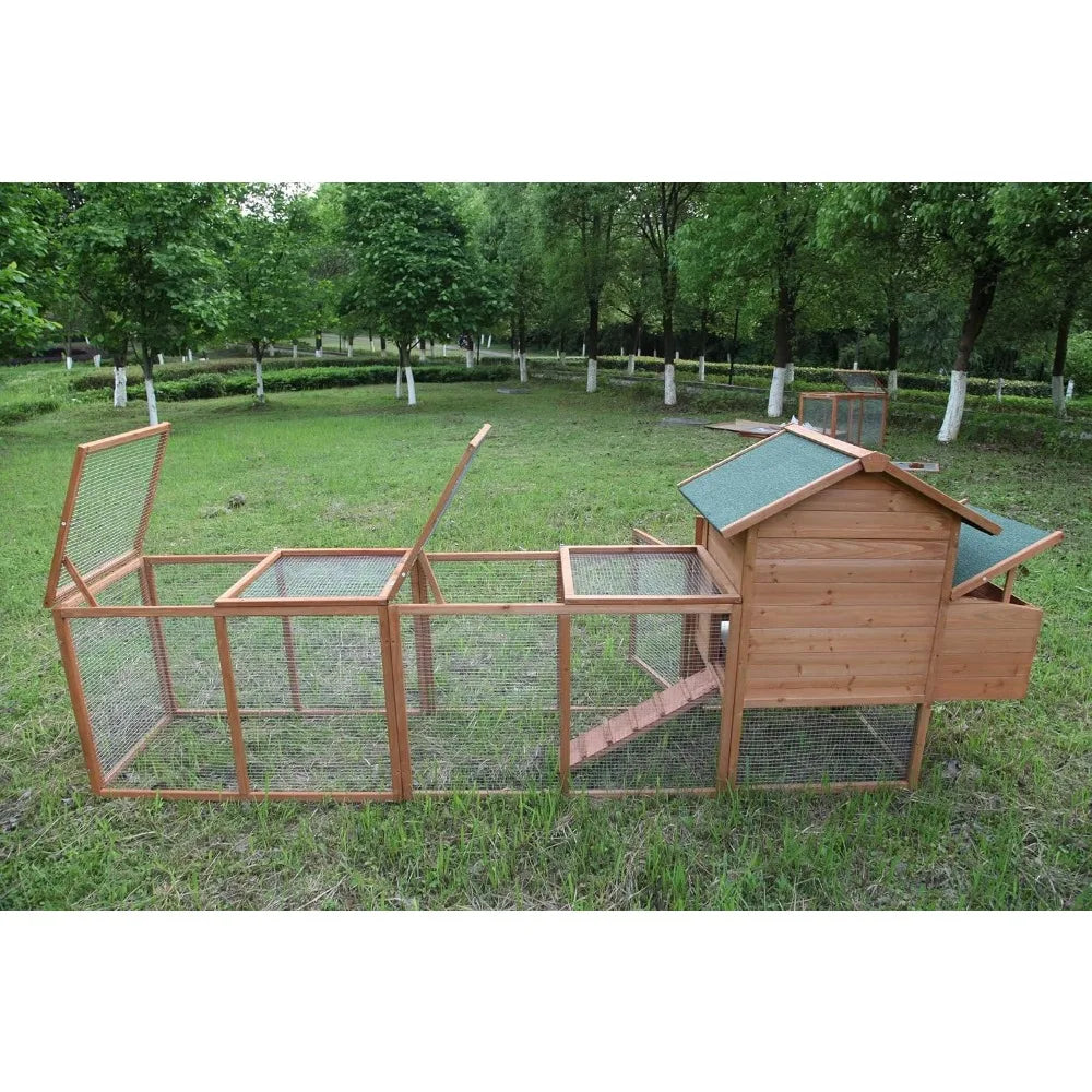 Outdoor Chicken Coop Wooden Hen House Poultry Pet Hutch Run Cage with Waterproof Asphalt Roof Ramp Nesting Box and Wire Fence 120 Inches