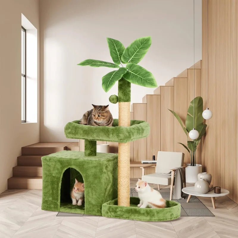 31.5" Cat Tree Tower for Indoor with Green Leaves Design