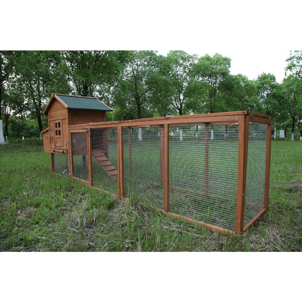 Outdoor Chicken Coop Wooden Hen House Poultry Pet Hutch Run Cage with Waterproof Asphalt Roof Ramp Nesting Box and Wire Fence 120 Inches