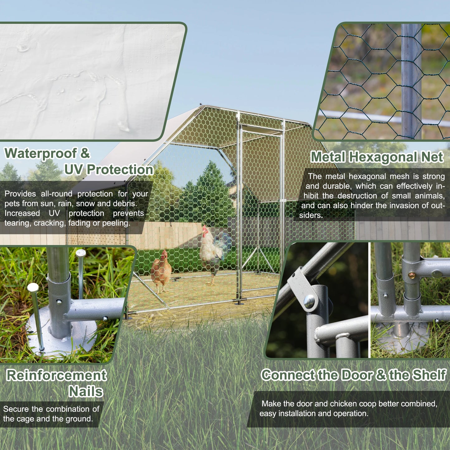 LZBEITEM 9.94 ft x 6.46 ft x 6.36 ft Metal Large Chicken Coop Walk-in Poultry Cage Run Flat Shaped with Waterproof Cover