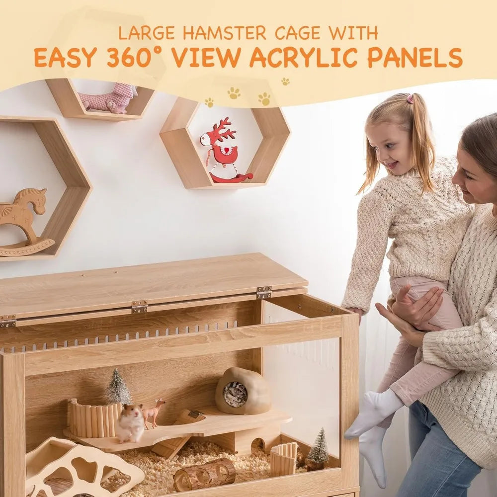 Large Hamster Cage with Storage Cabinet and Drawer Spacious Habitats with View Acrylic Panels Easy Assembly Indoor Use