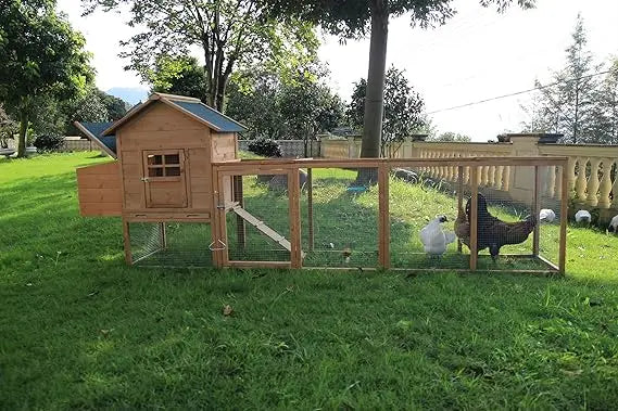 Outdoor Chicken Coop Wooden Hen House Poultry Pet Hutch Run Cage with Waterproof Asphalt Roof Ramp Nesting Box and Wire Fence 120 Inches