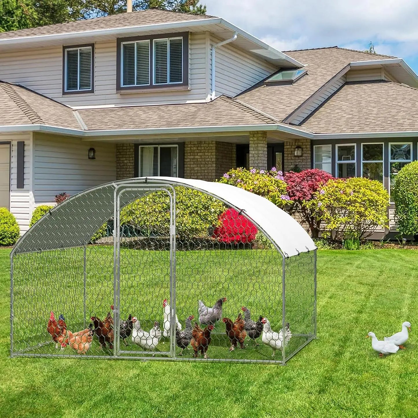 Large Metal Chicken Coop Walk-in Poultry Cage for Outdoor Waterproof UV-Resistant Cover Lockable Door Large Chicken Run for Farm