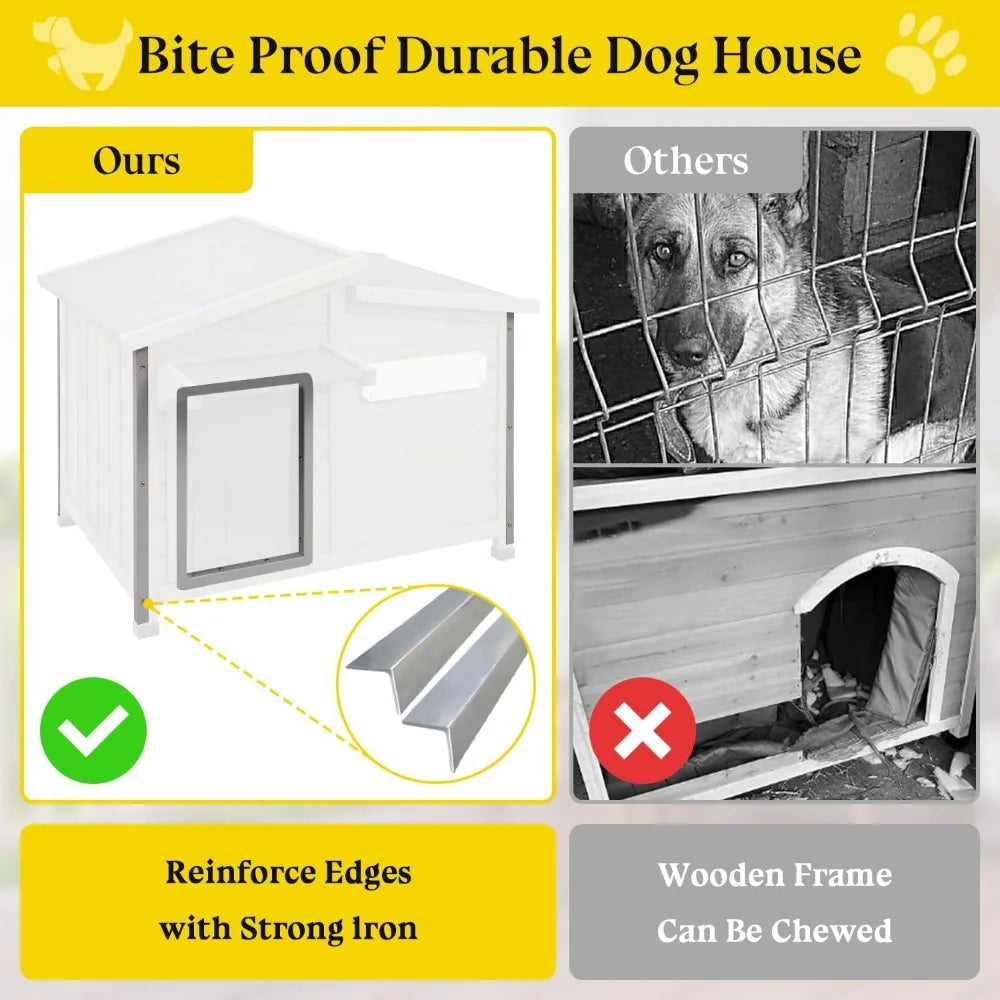 Dog House Outdoor Weatherproof Large Wooden Dog Kennel Indoor with Chew-Proof Iron Frame Removable Floor