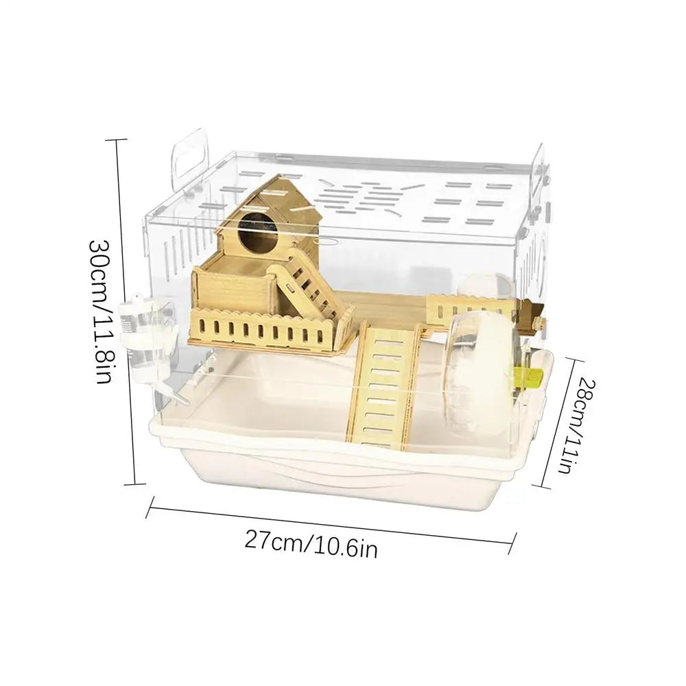 Acrylic Hamster Cage Wooden Small Animal Cage Accessories 2-Layer Small Pet Breathable House For Dwarf Hamsters Mice Gerbils