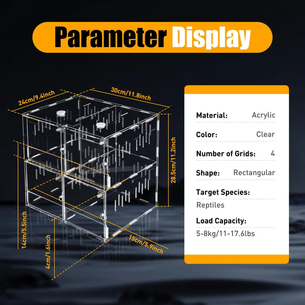 Bymaocar 4-grid Clear Acrylic Reptile Terrarium Cage With Thermometer