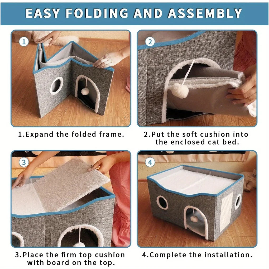 Extra-Wide Cat House for Indoor Cats with Scratch Pad