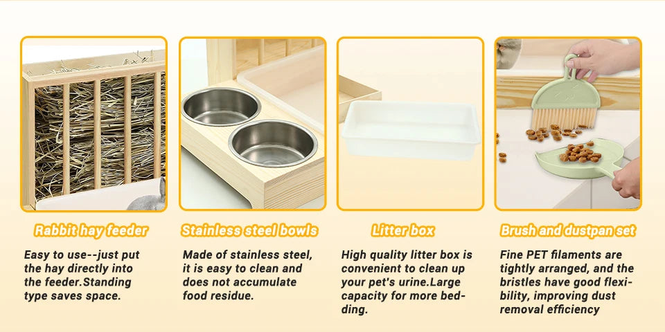 4-in-1 Rabbit Hay Feeder with Litter Box Wooden Toilet Combo Easy Clean 2 Bowls Included
