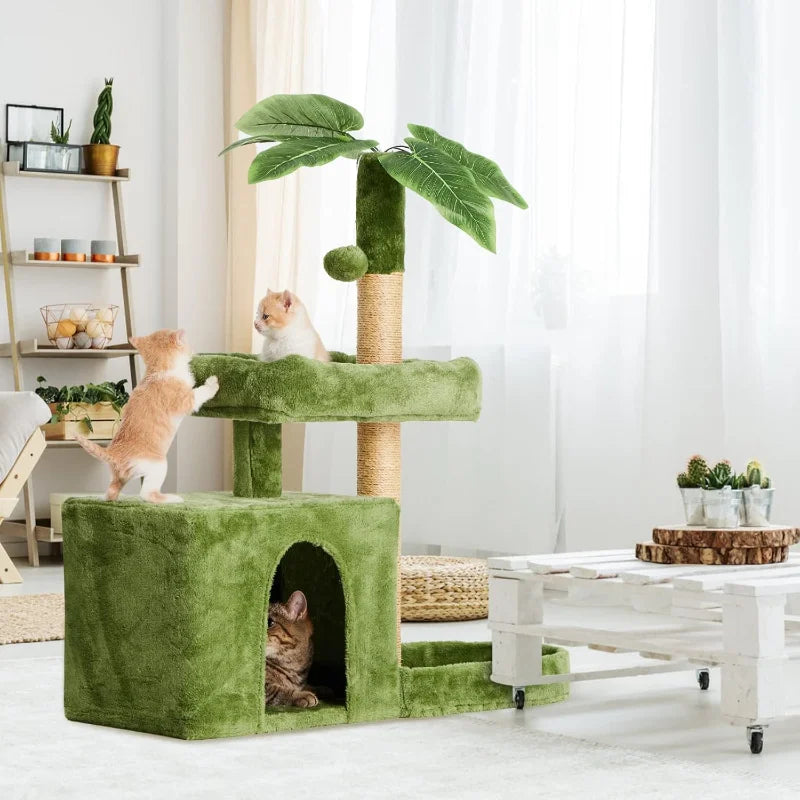 31.5" Cat Tree Tower for Indoor with Green Leaves Design