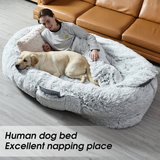 Human Dog Bed 71 Inch x 45 Inch x 12 Inch Washable Faux Fur Orthopedic Bed for People and Pets Napping
