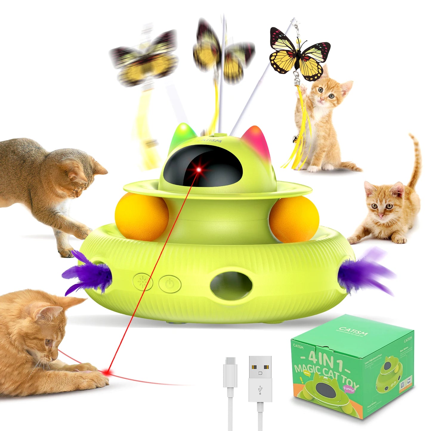 Catism Upgraded Pet Toys KM25 Magic Box Cat Teaser with Base Feather Head Butterfly and Blue Ball