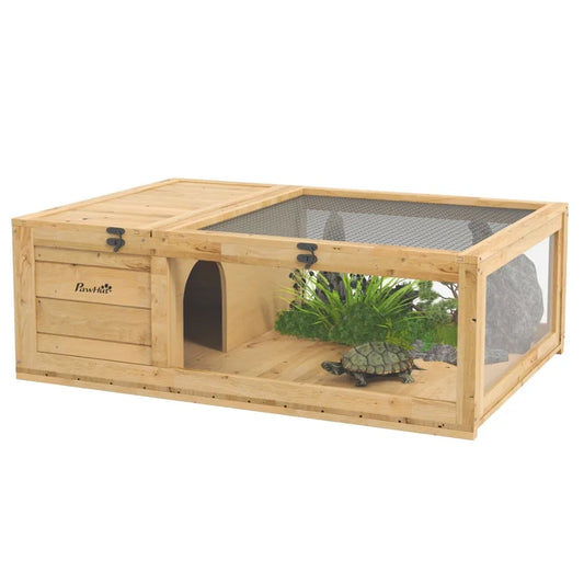 PawHut Wooden Tortoise House Indoor Turtle Habitat Outdoor Reptile Cage for Lizards and Geckos Yellow