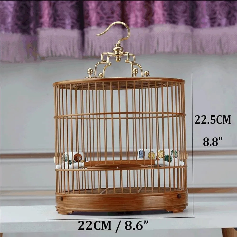 Bamboo Bird Cage Flight Cage Portable Retro Round Bird House Carrier With Rolling Stand
