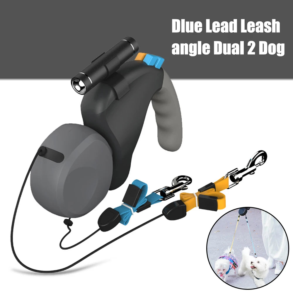 Double Dog Leash Retractable Rope With Light For Two Dogs