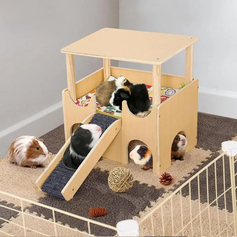 Chinchilla House Double-Layer Wooden Hamster Playground Shelter With Ladder