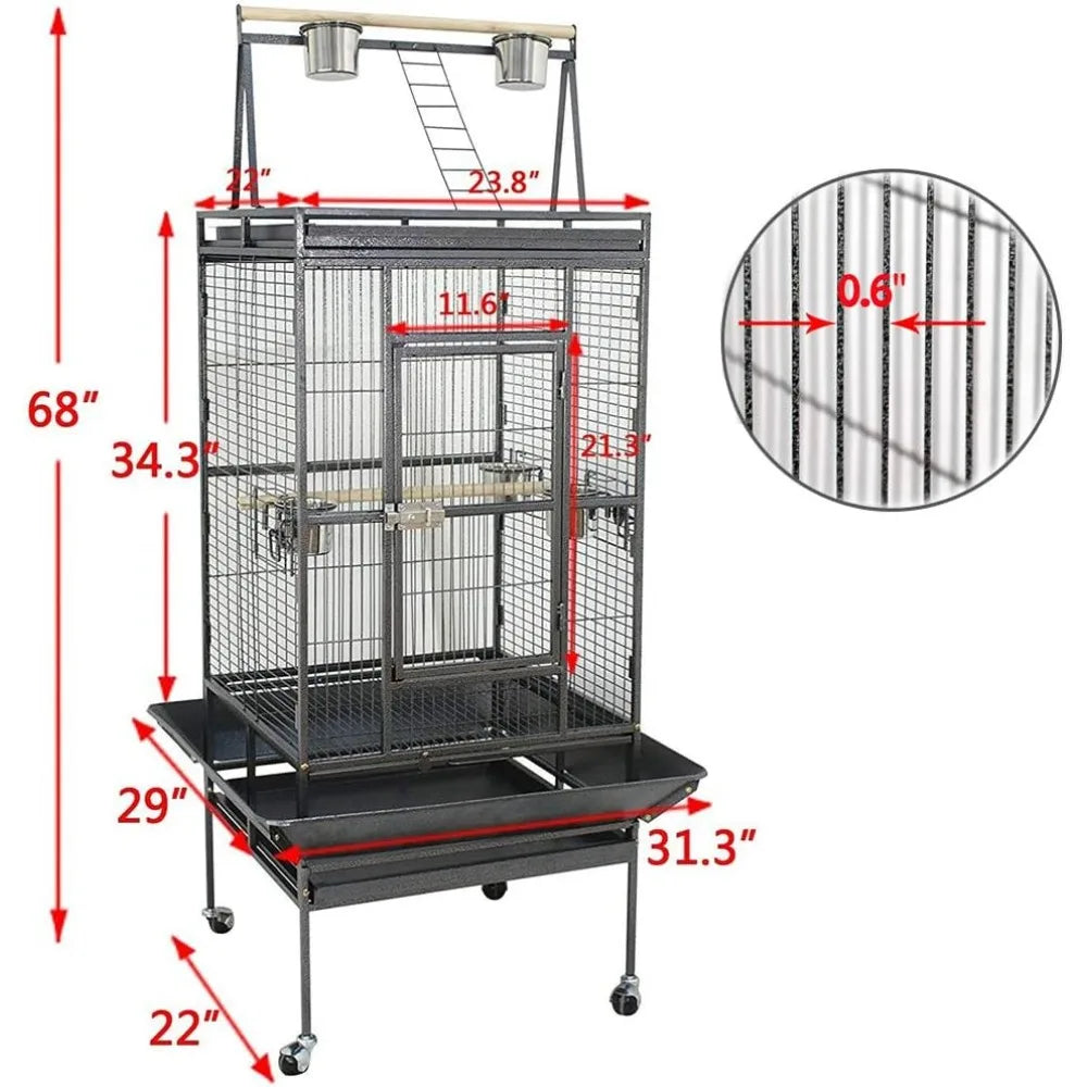 Wrought Iron Standing Bird Cage 68 Inch Tall Play Top for African Grey Parrot