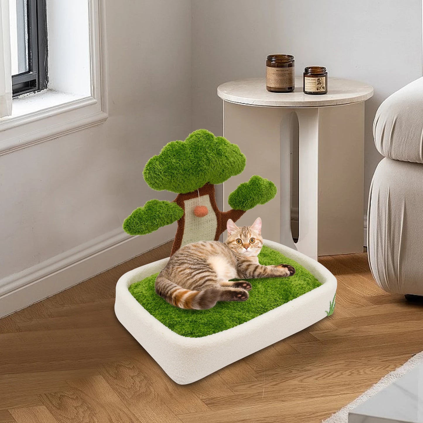 Green Indoor Cat Furniture With Bed And Scratching Post Plush Ball Easy Assemble