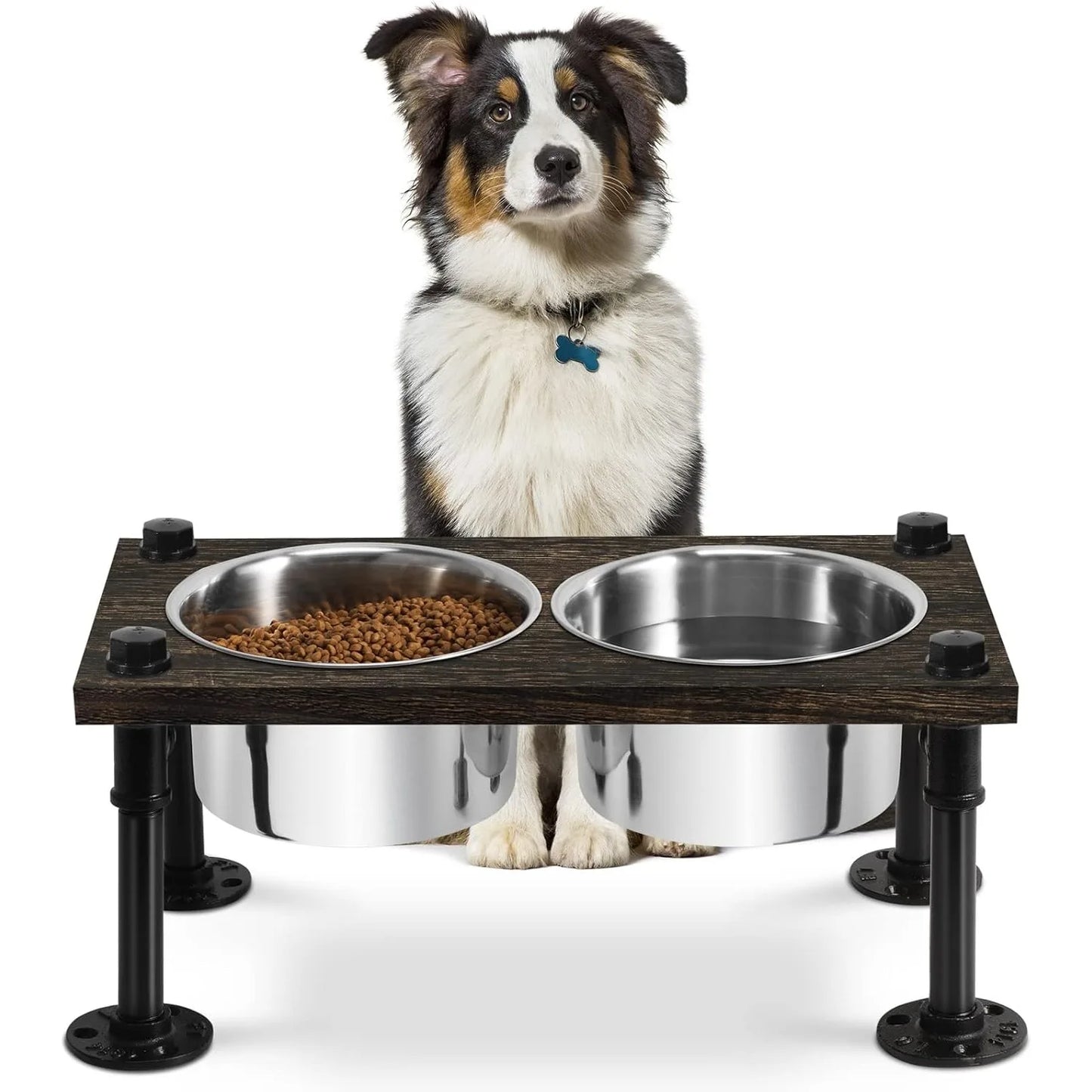 Raised Dog Bowl Stand for Large Dogs with 2 Stainless Steel Bowls and Waterproof Wood Base in Rustic Brown and Durable Design