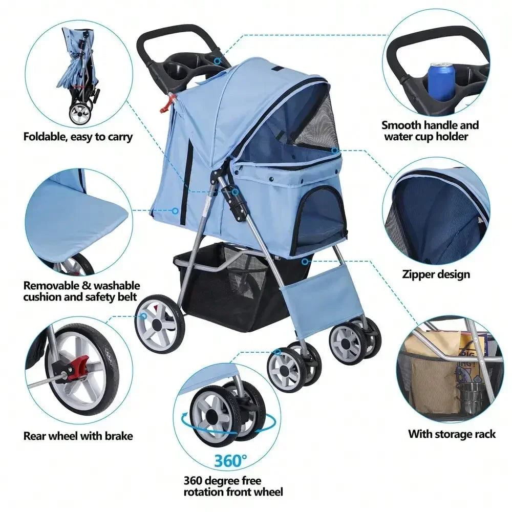 Blue Four Wheel Pet Stroller for Small Dogs and Cats Foldable Carrier Jogger with Basket