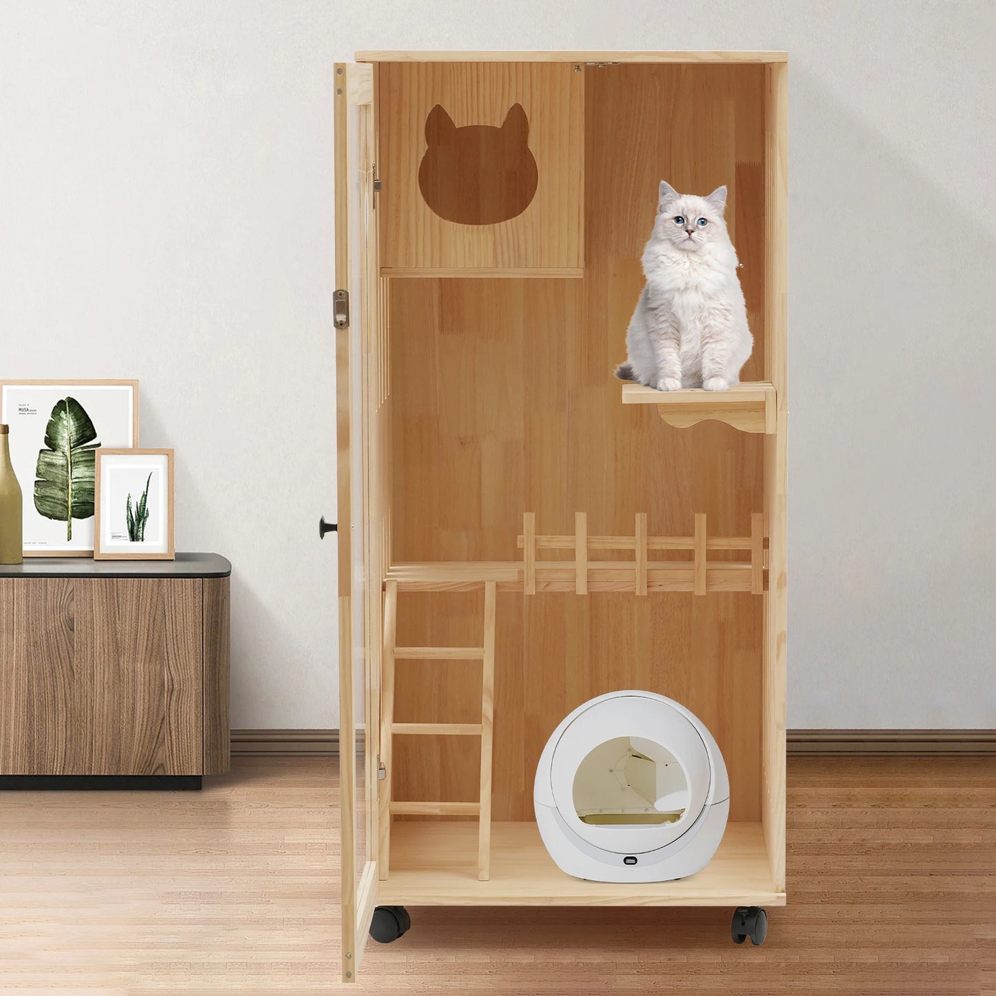 Wooden Cat House with LED Light, Clear Door & Wheels, Easy Install