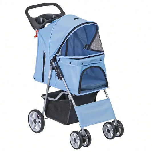Blue Four Wheel Pet Stroller for Small Dogs and Cats Foldable Carrier Jogger with Basket