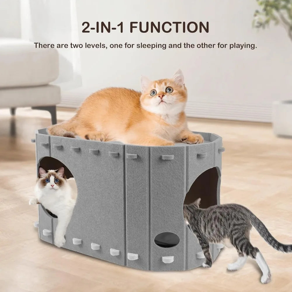 Heated Cat House For Indoor Cats With Timer And Temperature Adjustable Heating Pad Included Foldable Cat Houses Condos