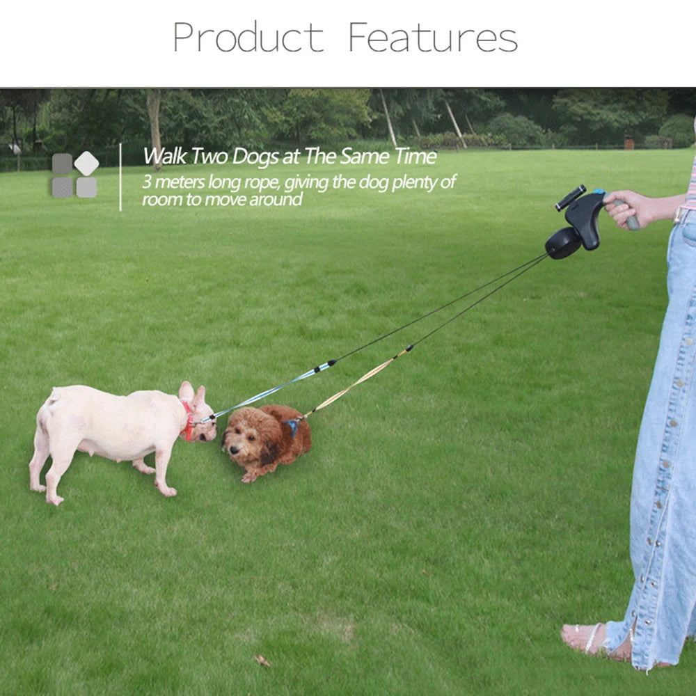 Double Dog Leash Retractable Rope With Light For Two Dogs