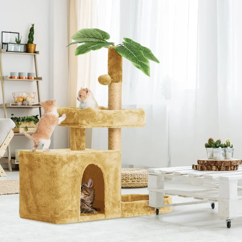 31.5" Cat Tree Tower for Indoor with Green Leaves Design