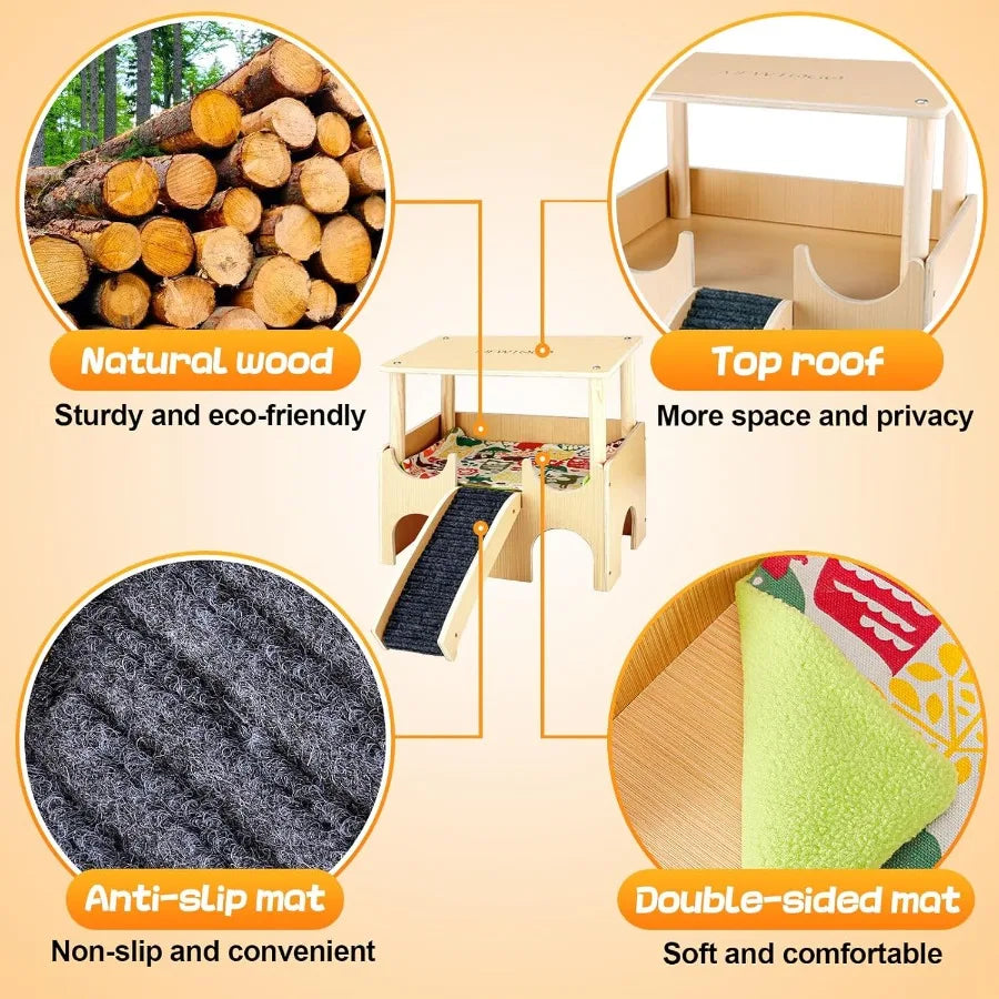 Large Wooden Guinea Pig Hideout 2 Tier Castle With Stairs