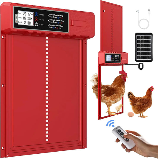 Automatic Chicken Coop Door Solar Powered with XL Large Size 10.8″x 14.2″ Red Auto Chicken Door Design with USB-C Charging