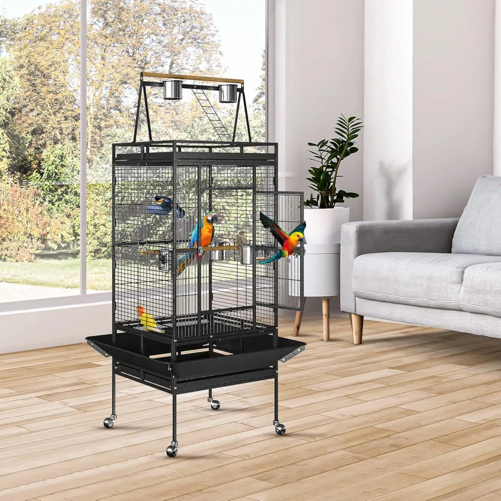 Wrought Iron Standing Bird Cage 68 Inch Tall Play Top for African Grey Parrot