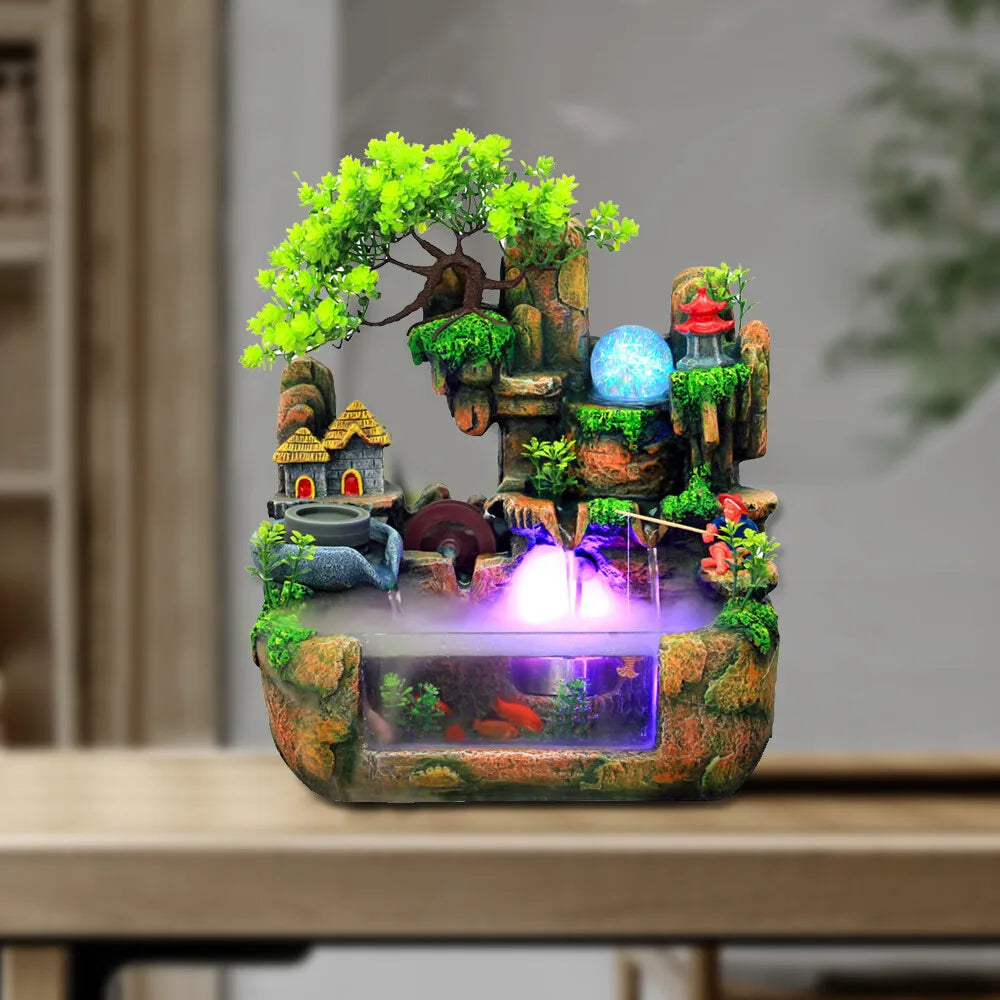 Indoor LED Water Fountain With Mist Resin Rockery Waterfall For Home Decor