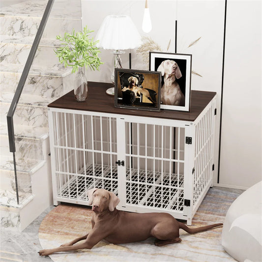 Large Wooden Dog Crate Indoor Furniture Style Elevated Pet Dog Cage Kennel End Table Lattice Playpen with 3 Doors