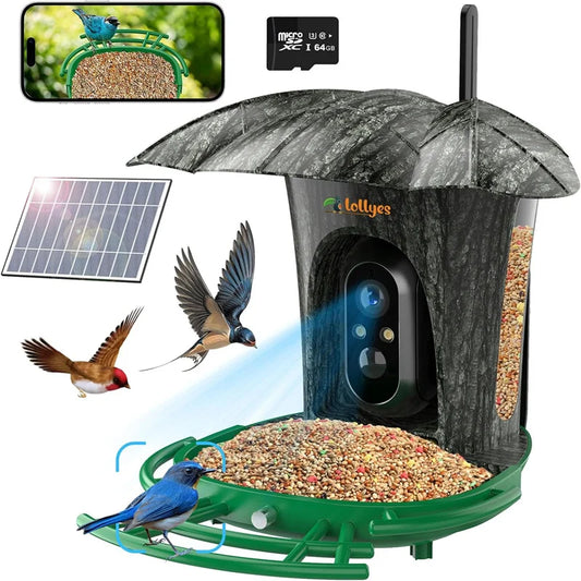 Smart Bird Feeder Camera with 64G Card 1080P HD Bird Species Identification Bird House with 7W Solar Panel for Wild Bird Watching