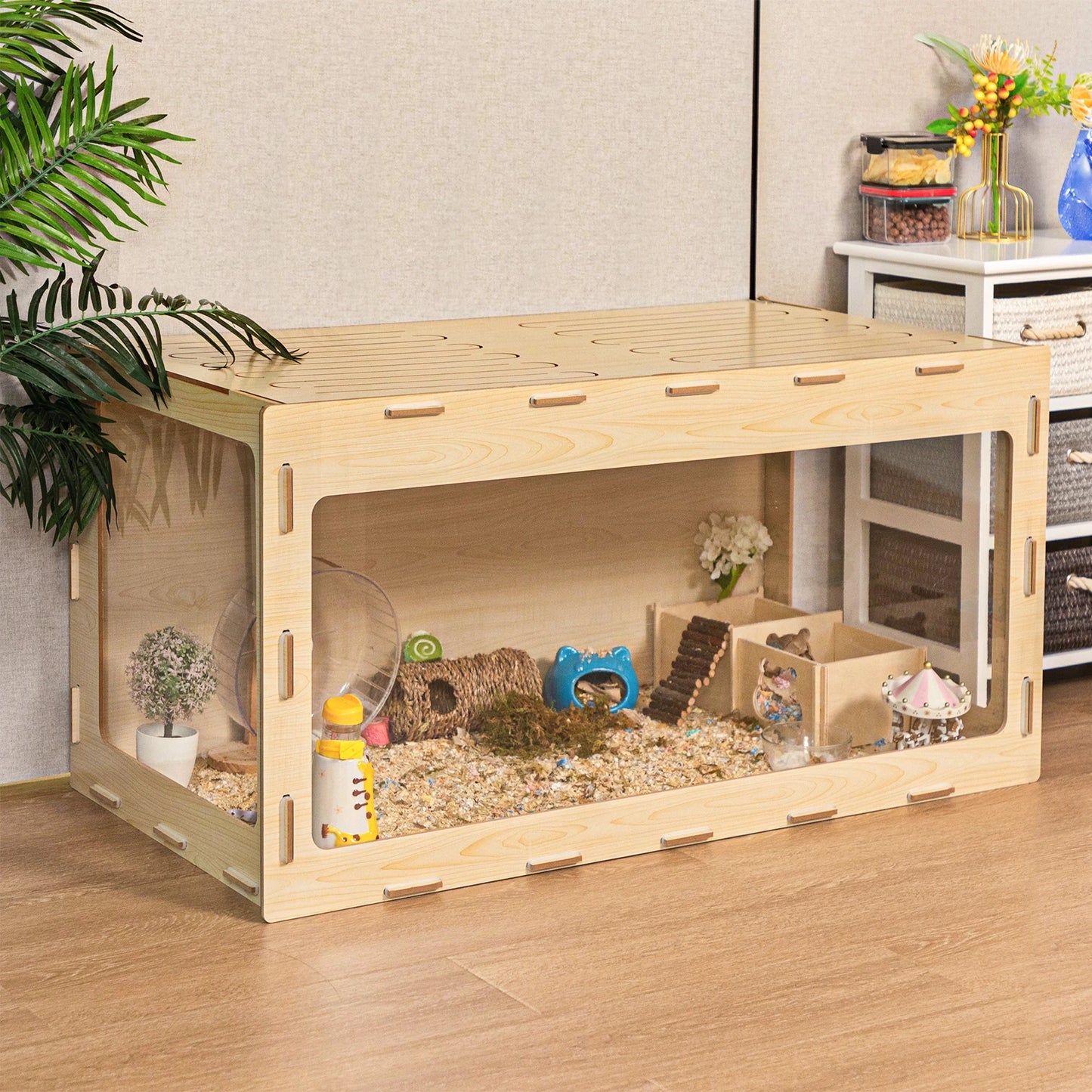 Wooden Hamster Cage Small Animals House Acrylic Hutch for Dwarf Hamster Guinea Pig Chinchilla Opening Top with Air Vents