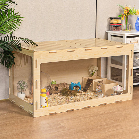 Wooden Hamster Cage Small Animals House Acrylic Hutch for Dwarf Hamster Guinea Pig Chinchilla Opening Top with Air Vents