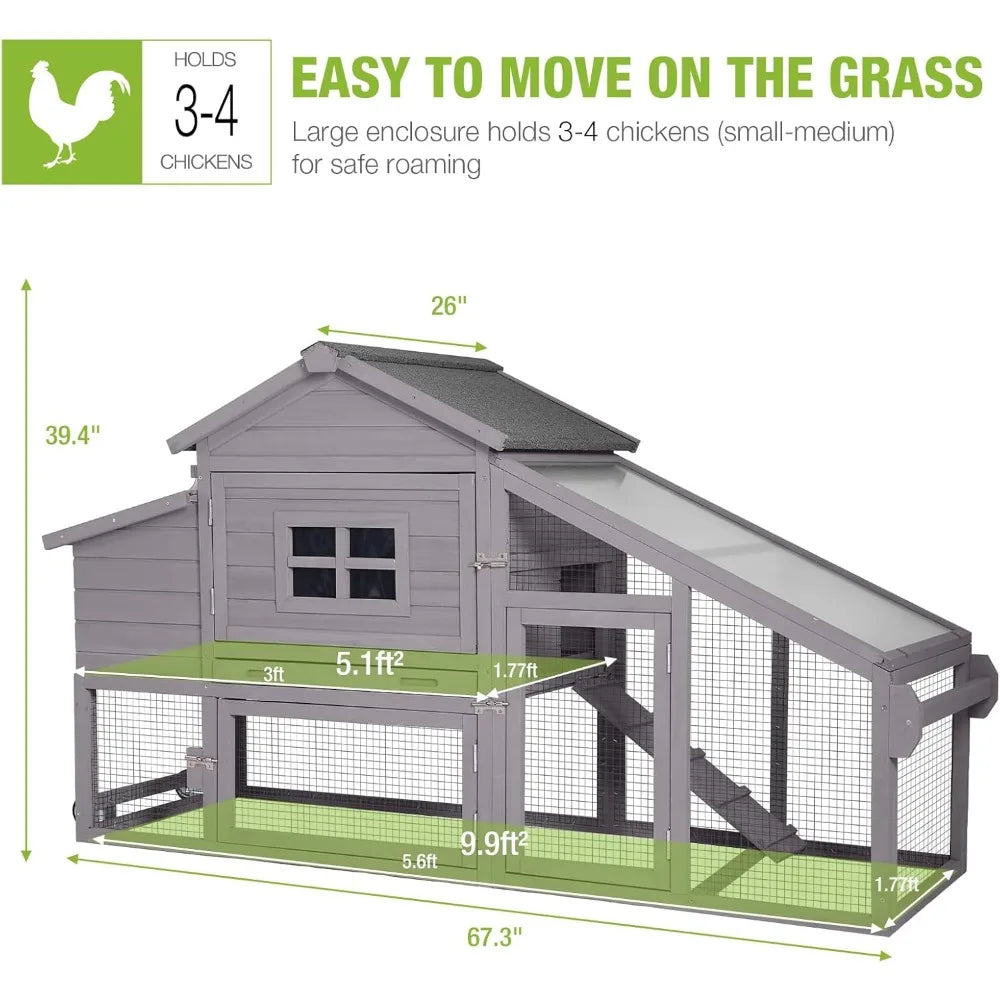 Mobile Wooden Chicken Coop with Run and Nesting Box Movable Poultry Cage for Outdoor Use