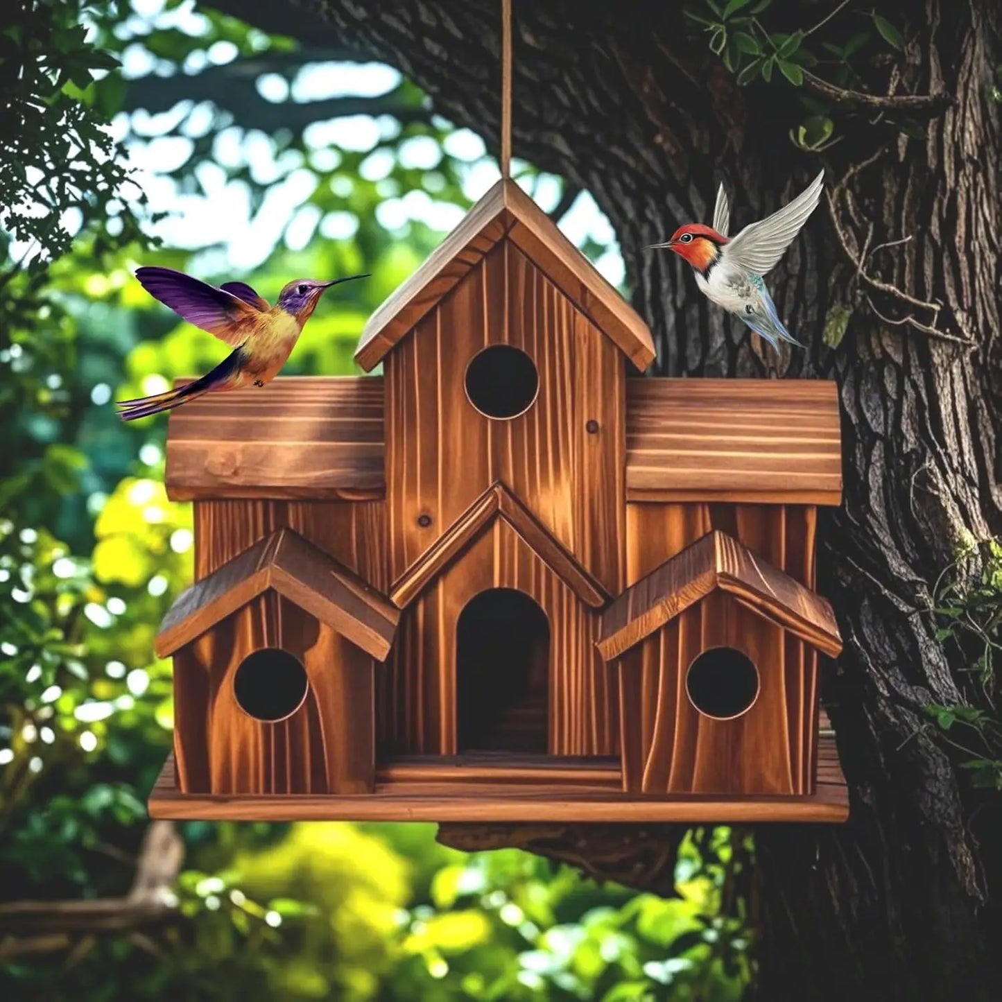 Outdoor 6 Hole Handmade Bird House Hanging Garden Decor