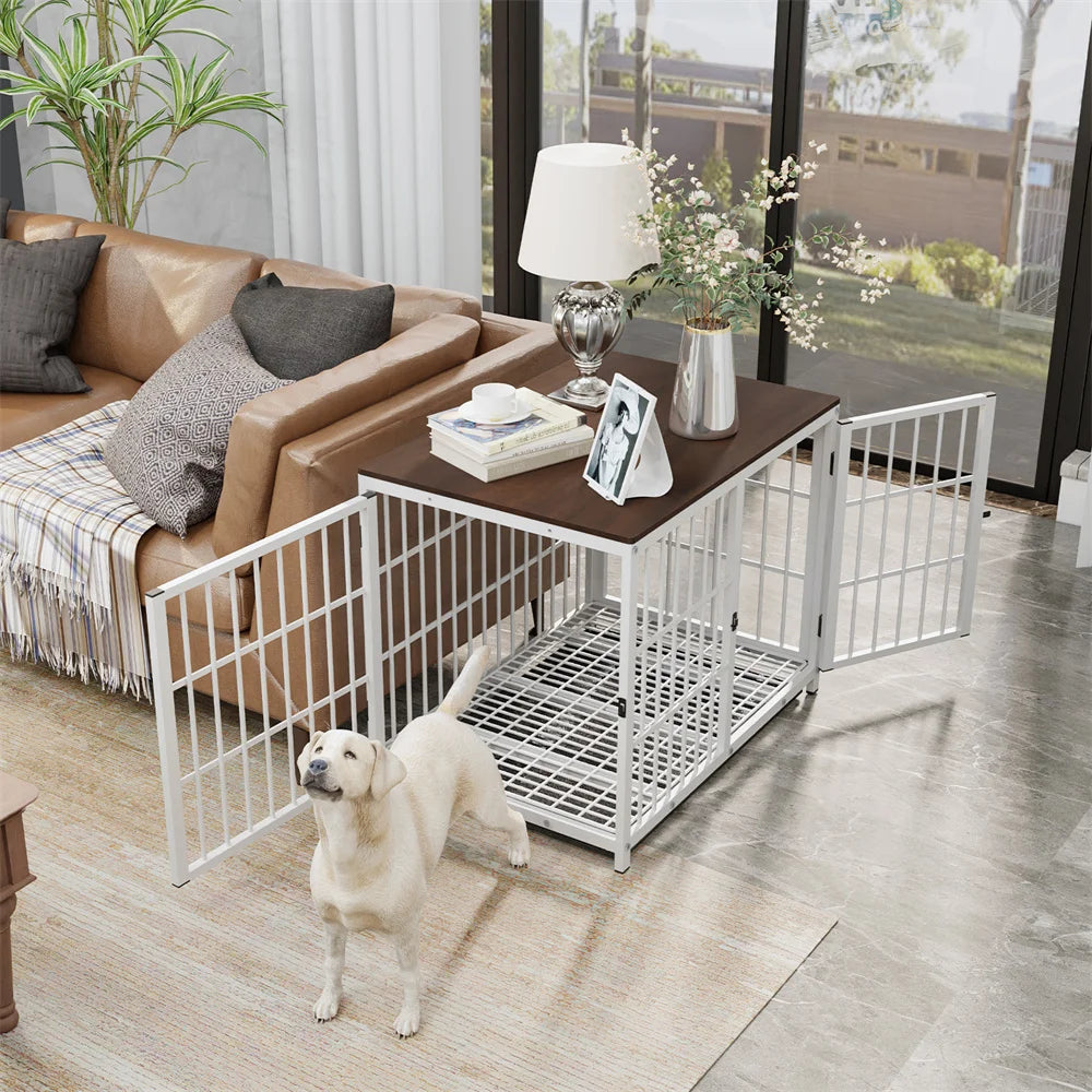 Large Wooden Dog Crate Indoor Furniture Style Elevated Pet Dog Cage Kennel End Table Lattice Playpen with 3 Doors