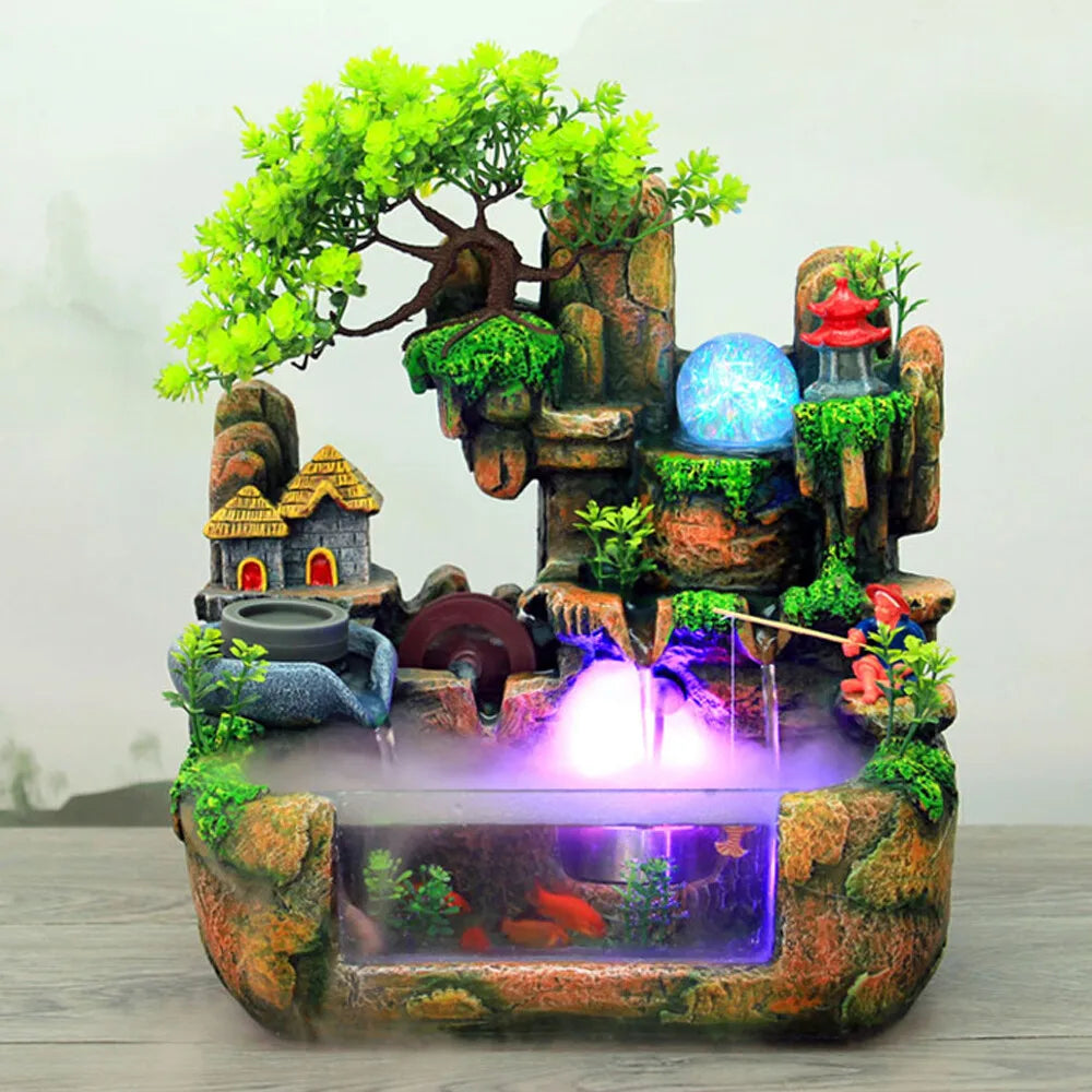 Indoor LED Water Fountain With Mist Resin Rockery Waterfall For Home Decor
