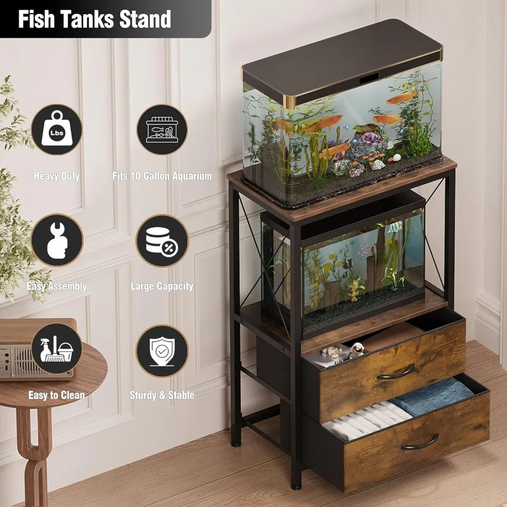 10 Gallon Aquarium Stand With 2 Tier Shelf And 2 Drawers Heavy Duty Metal Frame