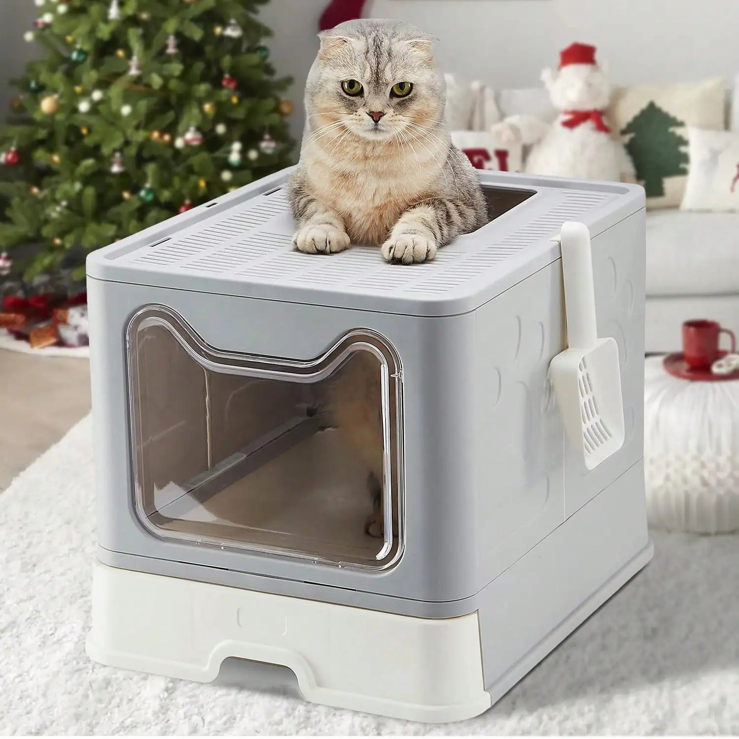 Convenient Foldable Litter Box Drawer Design with Scooper for Easy Cat Waste Management
