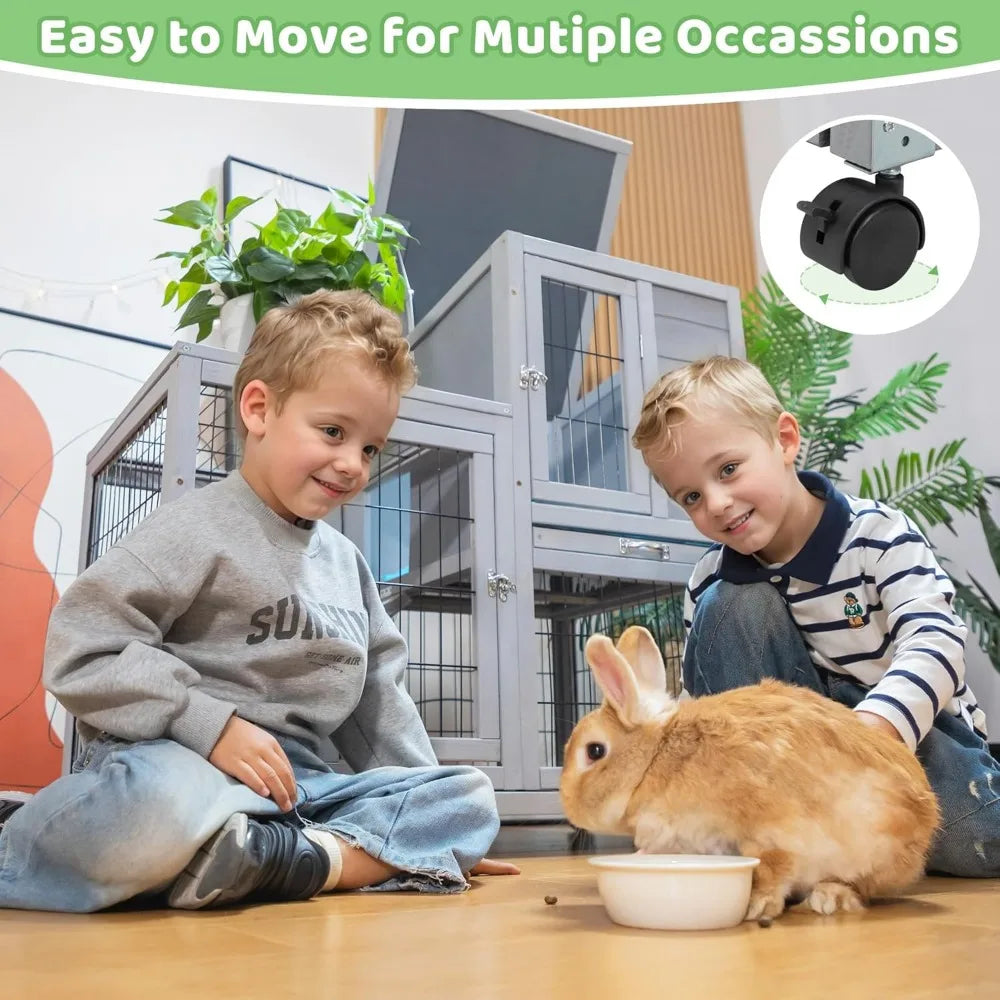 Rabbit Hutch Indoor Outdoor Bunny Cage 39" L Large 2-Story Wooden Enclosure with Wheels